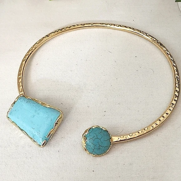Gold Abstract Choker Necklace with Natural Turquoise Howlite Stones - Picture 3 of 8